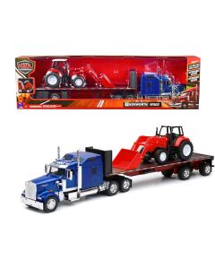 Kenworth W900 Truck with Flatbed Trailer Blue Metallic with Farm Tractor Red "Long Haul Truckers" Series 1/32 Diecast Model by New Ray