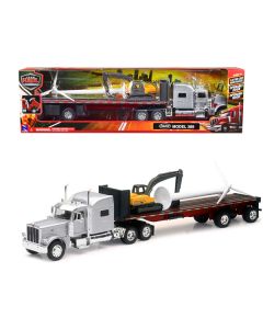 Peterbilt 389 Truck with Flatbed Trailer Silver Metallic with Excavator and Wind Turbine "Long Haul Truckers" Series 1/32 Diecast Model by New Ray