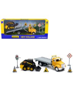 Peterbilt Roll-Off Flatbed Truck Yellow and New Holland L228 Skid Steer Yellow with Road Signs "New Holland Construction" Series 1/43 Diecast Model by New Ray