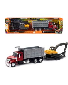 International Lonestar Dump Truck Red and Tracked Excavator Yellow with Flatbed Trailer "Long Haul Truckers" Series 1/43 Diecast Model by New Ray