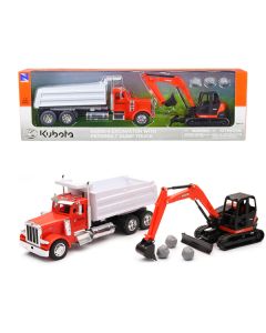 Peterbilt Dump Truck Orange and White and Kubota KX080-4 Excavator Orange and Black with Rocks 1/32 Diecast Model by New Ray