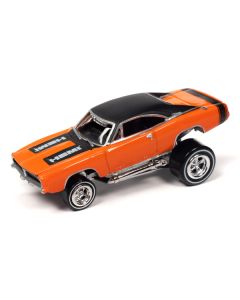 1970 Plymouth Road Runner Yellow with Black Gator Top and Black Stripes and 1969 Dodge Charger R/T HEMI Orange with Black Top and Tail Stripe "Zingers!" Set of 2 Cars "2-Packs" 2023 Release 1 1/64 Diecast Model Cars by Johnny Lightning