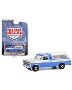 1975 Ford F-100 Ranger XLT Pickup Truck with Camper Shell Wind Blue and Wimbledon White "Blue Collar Collection" Series 12 1/64 Diecast Model Car by Greenlight