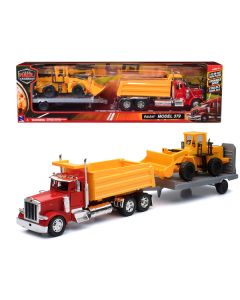 Peterbilt 379 Dump Truck Red and Wheel Loader Yellow with Flatbed Trailer "Long Haul Truckers" Series 1/32 Diecast Model by New Ray