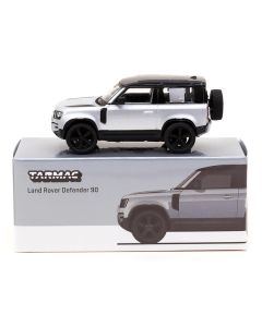 Land Rover Defender 90 Silver Metallic with Black Top "Global64" Series 1/64 Diecast Model Car by Tarmac Works