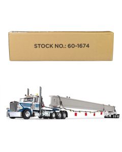 Peterbilt 389 Day Cab and ERMC 4-Axle Hydra-Steer Trailer with Bridge Beam Section Load White and Blue 1/64 Diecast Model by DCP/First Gear