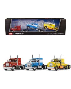 Mack R Sleeper Trio Set of 3 Truck Tractors in Red Blue and Yellow 1/64 Diecast Models by DCP/First Gear