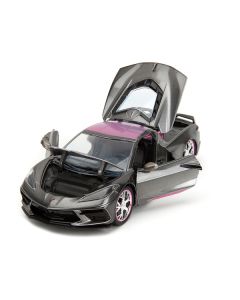 2020 Chevrolet Corvette Stingray Gray Metallic with Pink Carbon Hood and Top "Pink Slips" Series 1/24 Diecast Model Car by Jada