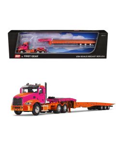 Mack Pinnacle Day Cab with Aftermarket Minimizer Parts and Talbert 5553TA Traveling-Axle Trailer Orange and Fuchsia 1/64 Diecast Model by DCP/First Gear