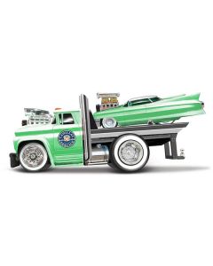 1966 Chevrolet C60 Flatbed Truck Green Metallic with White Top "Cadillac Service" and 1961 Cadillac Coupe Green Metallic with White Top "Muscle Transports" Series 1/64 Diecast Models by Muscle Machines