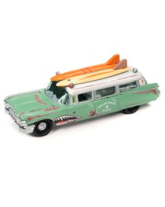 1950 Mercury Woody Wagon Matt Black w/ Wood Panels "Nomad Surf Shop" & 1959 Cadillac Ambulance Teal w/ Surf Shark Graphics & White Top Rusted "Malibu Beach Rescue" "Surf Rods" Set 2 Cars 2-Packs 2023 Release 2 1/64 Diecast Models by Johnny Lightning