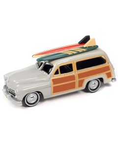 1950 Mercury Woody Wagon Dakota Gray with Wood Panels & Surfboards on Roof & 1959 Cadillac Ambulance Dull Red w/ Surfboards on Roof Cocoa Beach Rescue Patrol Surf Rods "Set of 2" Cars 2-Packs 2023 Release 2 1/64 Diecast Model Cars by Johnny Lightning