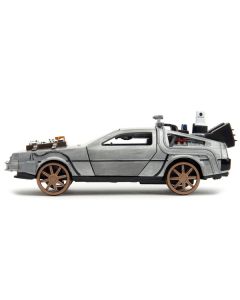 DeLorean DMC (Time Machine) Brushed Metal Train Wheel Version "Back to the Future Part III" (1990) Movie "Hollywood Rides" Series 1/32 Diecast Model Car by Jada