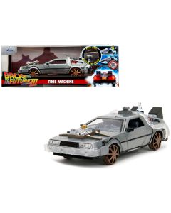 DeLorean Brushed Metal Time Machine (Train Wheel Version) with Lights "Back to the Future Part III" (1990) Movie "Hollywood Rides" Series 1/24 Diecast Model Car by Jada