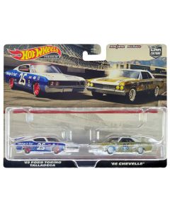 1969 Ford Torino Talladega #25 White and Blue with Red Top and 1966 Chevrolet Chevelle #86 Gold with White Top "Car Culture" Set of 2 Cars Diecast Model Cars by Hot Wheels