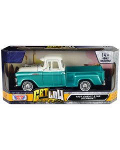 1957 Chevrolet 3100 Stepside Pickup Truck Lowrider Turquoise Metallic and White with White Interior "Get Low" Series 1/24 Diecast Model Car by Motormax