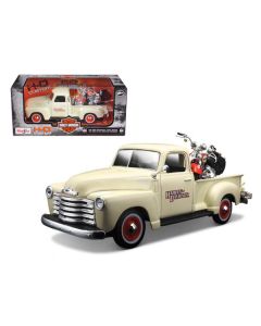 1950 Chevrolet 3100 Pickup Truck Cream 1/25 and 2001 FLSTS Heritage Springer Motorcycle Orange 1/24 "Harley-Davidson Custom" Series Diecast Models by Maisto