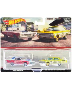 1963 Plymouth Belvedere 426 Wedge "MOPAR" White and Red with Blue Top and 1965 Dodge Coronet "Eastbound and Crowned" Yellow and White "Car Culture" Set of 2 Cars Diecast Model Cars by Hot Wheels