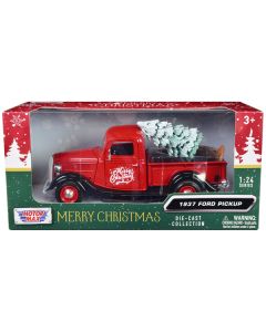 1937 Ford Pickup Truck Red and Black "Merry Christmas" with Tree Accessory 1/24 Diecast Model Car by Motormax