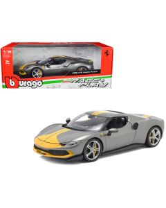 Ferrari 296 GTB Assetto Fiorano Gray Metallic with Yellow Stripes "Race + Play" Series 1/18 Diecast Model Car by Bburago