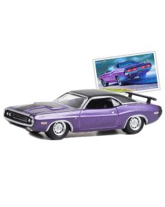 1970 Dodge Challenger R/T Purple Metallic with Matt Black Top USPS (United States Postal Service) "2022 Pony Car Stamp Collection by Artist Tom Fritz" "Hobby Exclusive" Series 1/64 Diecast Model Car by Greenlight