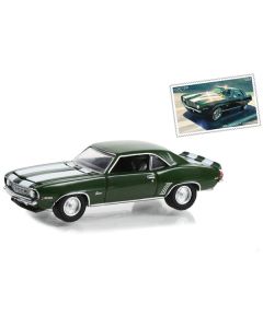 1969 Chevrolet Camaro Z/28 Green Metallic with White Stripes USPS (United States Postal Service) "2022 Pony Car Stamp Collection by Artist Tom Fritz" "Hobby Exclusive" Series 1/64 Diecast Model Car by Greenlight