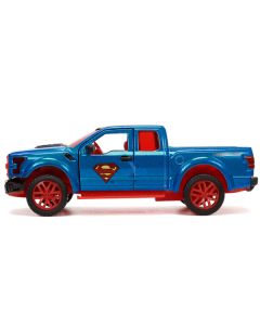 2017 Ford F-150 Raptor Pickup Truck Blue Metallic and Red with Red Interior and Superman Diecast Figure 