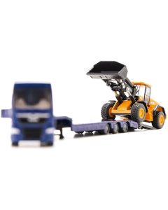 MAN Truck Blue Metallic with Low Loader Trailer and JCB 457 Wheel Loader Yellow 1/87 (HO) Diecast Model by Siku