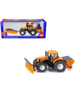 New Holland T7070 Tractor with Ploughing Plate and Salt Spreader Yellow 1/50 Diecast Model by Siku