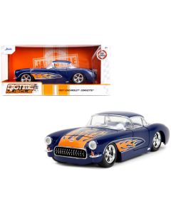 1957 Chevrolet Corvette Dark Blue with Flame Graphics and White Interior "Bigtime Muscle" Series 1/24 Diecast Model Car by Jada