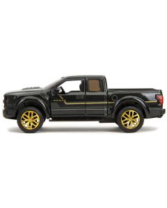 2017 Ford F-150 Raptor Pickup Truck Black Metallic with Gold Stripes "Pink Slips" Series 1/32 Diecast Model Car by Jada