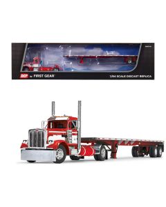 Peterbilt 359 Day Cab and 48' Utility Flatbed Trailer Red and White 1/64 Diecast Model by DCP/First Gear