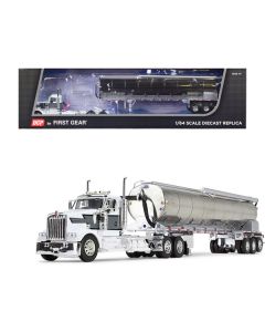 Kenworth W900L Day Cab and Walinga Bulk Tank Trailer White with Black and Gray Stripes 1/64 Diecast Model by DCP/First Gear