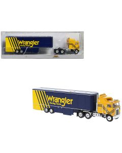 1980 Kenworth K-100 COE Aerodyne Transporter Yellow and Blue "Wrangler Racing Team" 1/87 (HO) Scale Model Car by Brekina