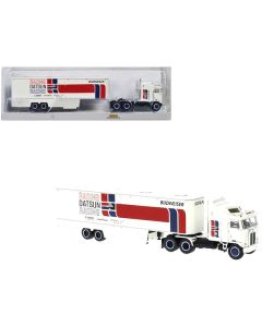 1980 Kenworth K-100 COE Aerodyne Transporter White "Datsun Racing" 1/87 (HO) Scale Model Car by Brekina