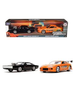 Dom's Dodge Charger R/T Black and Brian's Toyota Supra Orange Set of 2 pieces 