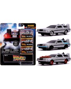 "Back to the Future" Time Machine 3 piece Set "Nano Hollywood Rides" Diecast Model Cars by Jada