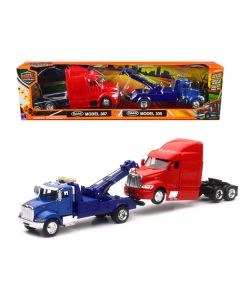 Peterbilt Model 335 Tow Truck Blue and Peterbilt Model 387 Cab Red Set of 2 Pieces 1/43 by New Ray