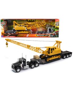 Kenworth W900 Truck with Lowboy Trailer Black and Crane Yellow "Long Haul Trucker" Series 1/32 Diecast Model by New Ray