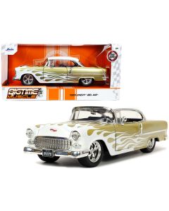 1955 Chevrolet Bel Air White and Gold with Flames "Bigtime Muscle" Series 1/24 Diecast Model Car by Jada