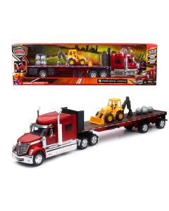 International Lonestar Truck with Flatbed Trailer Red Metallic with Front Loader and Rocks "Long Haul Truckers" Series 1/32 Diecast Model by New Ray