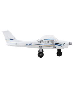 Cessna 172 Aircraft White with Blue and Yellow Stripes "N470ES" with Runway 24 Sign Diecast Model Airplane by Runway24