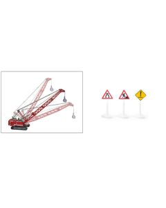 Heavy Haulage Transporter Green and Liebherr Cable Excavator Red with Wrecking Ball and Signs 1/87 (HO) Diecast Models by Siku