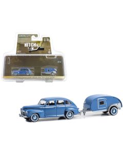 1942 Ford Fordor Super Deluxe Florentine Blue with Tear Drop Trailer "Hitch & Tow" Series 30 1/64 Diecast Model Car by Greenlight