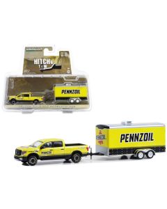 2018 Nissan Titan XD Pro-4X Pickup Truck Yellow with Enclosed Car Hauler "Pennzoil" "Hitch & Tow" Series 30 1/64 Diecast Model Car by Greenlight