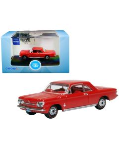 1963 Chevrolet Corvair Coupe Riverside Red with Red Interior 1/87 (HO) Scale Diecast Model Car by Oxford Diecast