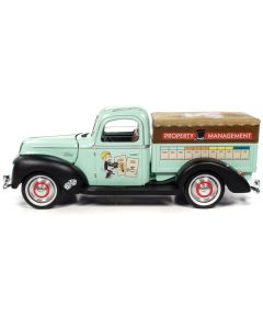 1940 Ford Pickup Truck "Property Management" Light Green with Graphics and Mr. Monopoly Construction Resin Figure "Monopoly" 1/18 Diecast Model Car by Auto World