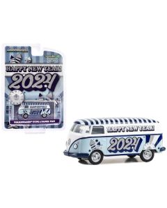 Volkswagen Type 2 Panel Van "Happy New Year 2024" Light Blue and White with Striped Top "Hobby Exclusive" Series 1/64 Diecast Model Car by Greenlight