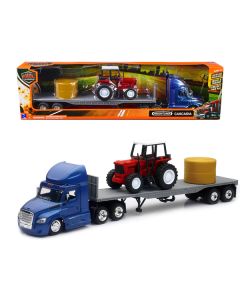 Freightliner Cascadia with Flatbed Trailer Blue with Farm Tractor Red and Hay Bales "Long Haul Trucker" Series 1/43 Diecast Model by New Ray