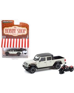 2020 Jeep Gladiator Rubicon Pickup Truck Beige with Black Top and 2020 Indian Scout Bobber Icon Series Motorcycle Red "The Hobby Shop" Series 12 1/64 Diecast Model Car by Greenlight